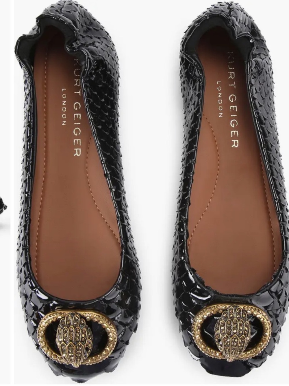 Kurt Geiger Black Patent Embossed Ballet Flats with Gold Embellishment